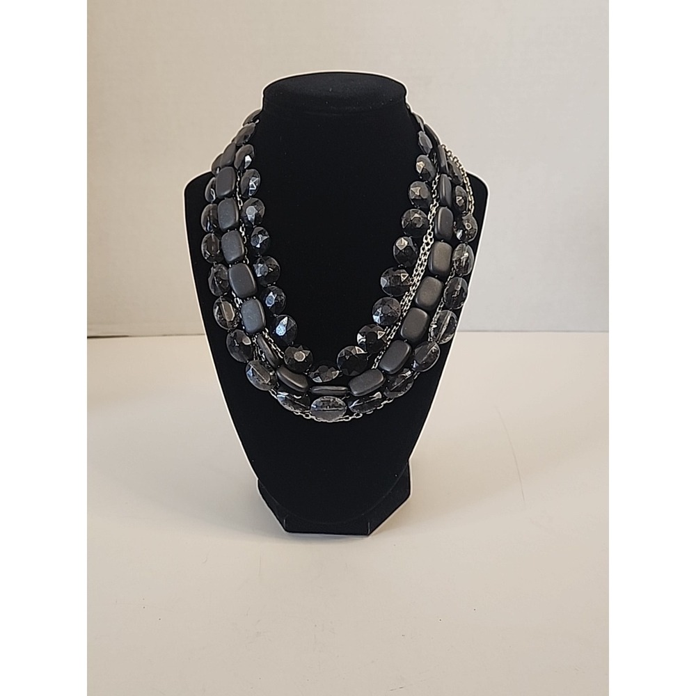 Six-Strand Statement Piece Black Faceted Glass And Silvertone Chain Necklace 19"